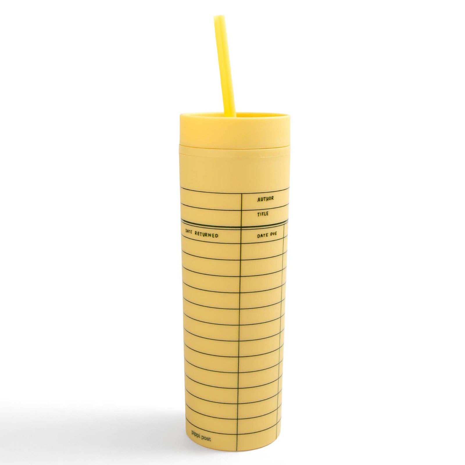 A yellow 16oz tumbler with a library card design, featuring sections for 'Author', 'Title', 'Subject', and 'Date'. It has a lid and a straw, suitable for holding beverages.