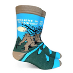 Sock with Bigfoot design and 'Believe in Yourself' text on a white background