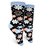 Floral patterned socks with text on a white background