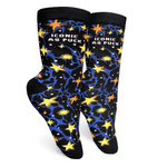 Socks with star pattern and text on a white background