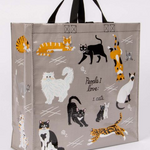 Blue Q large shopper tote. Grey with various cats illustrated in orange, black and white. In the middle in black script reads "People I want to meet: Cats"