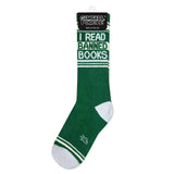 Green sock with 'I Read Banned Books' text on a white background