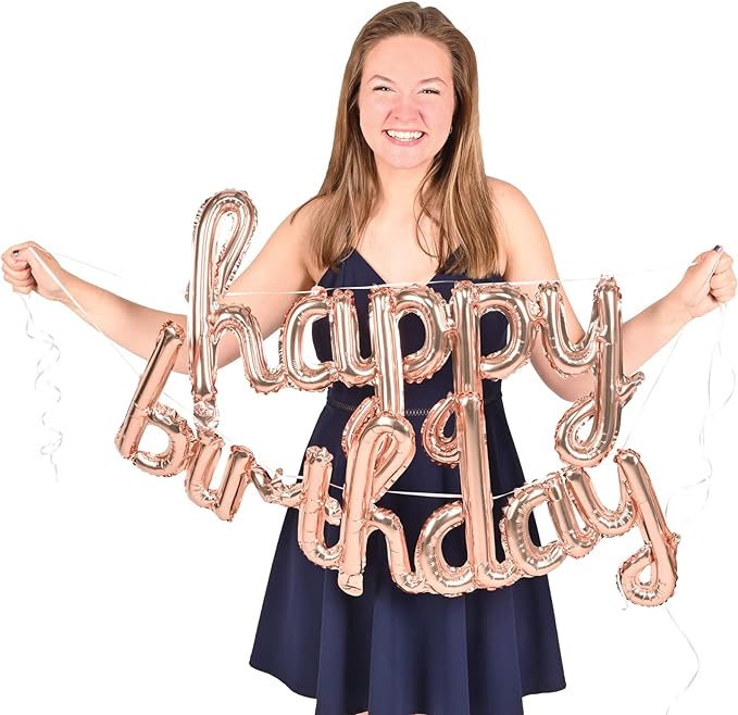 Rose Gold Script Happy Birthday Air-Filled Balloon Streamer