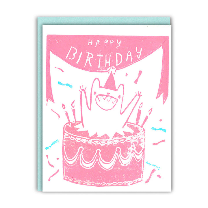 Ghost Academy Birthday Card Jumping Out of a Cake