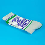 Sock with text 'Horny for Spread Sheets' on a blue background