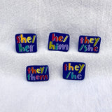 Blue with Rainbow Text Pronoun Pins