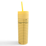A yellow 16oz tumbler with a library card design, featuring sections for 'Author', 'Title', 'Subject', and 'Date'. It has a lid and a straw, suitable for holding beverages.