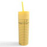 A yellow 16oz tumbler with a library card design, featuring sections for 'Author', 'Title', 'Subject', and 'Date'. It has a lid and a straw, suitable for holding beverages.