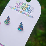 Faux Stained Glass Christmas Tree Stud Earrings