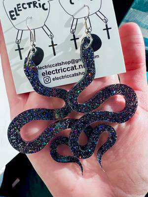 Electric Cat Earrings - Black Glitter Sneks