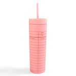 A pink acrylic tumbler with a library card design, featuring a straw spout and a lid.