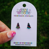 Faux Stained Glass Christmas Tree Stud Earrings