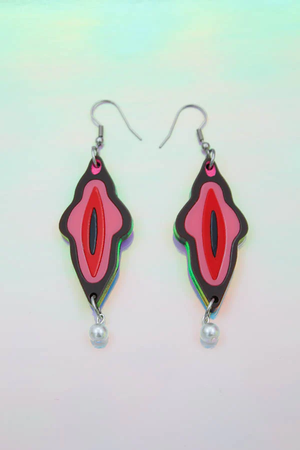 Electric Cat Earrings Vagina with a Pearl - Brown