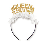 Queen of Everything Birthday Headband Party Crown: Gold words/Hot Pink fringe