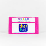 Blue with Rainbow Text Pronoun Pins