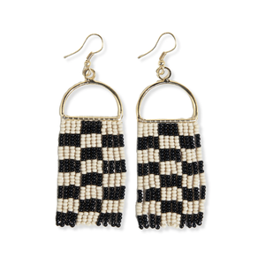 Ink & Alloy Earrings Allison Checkered Beaded Fringe - Black