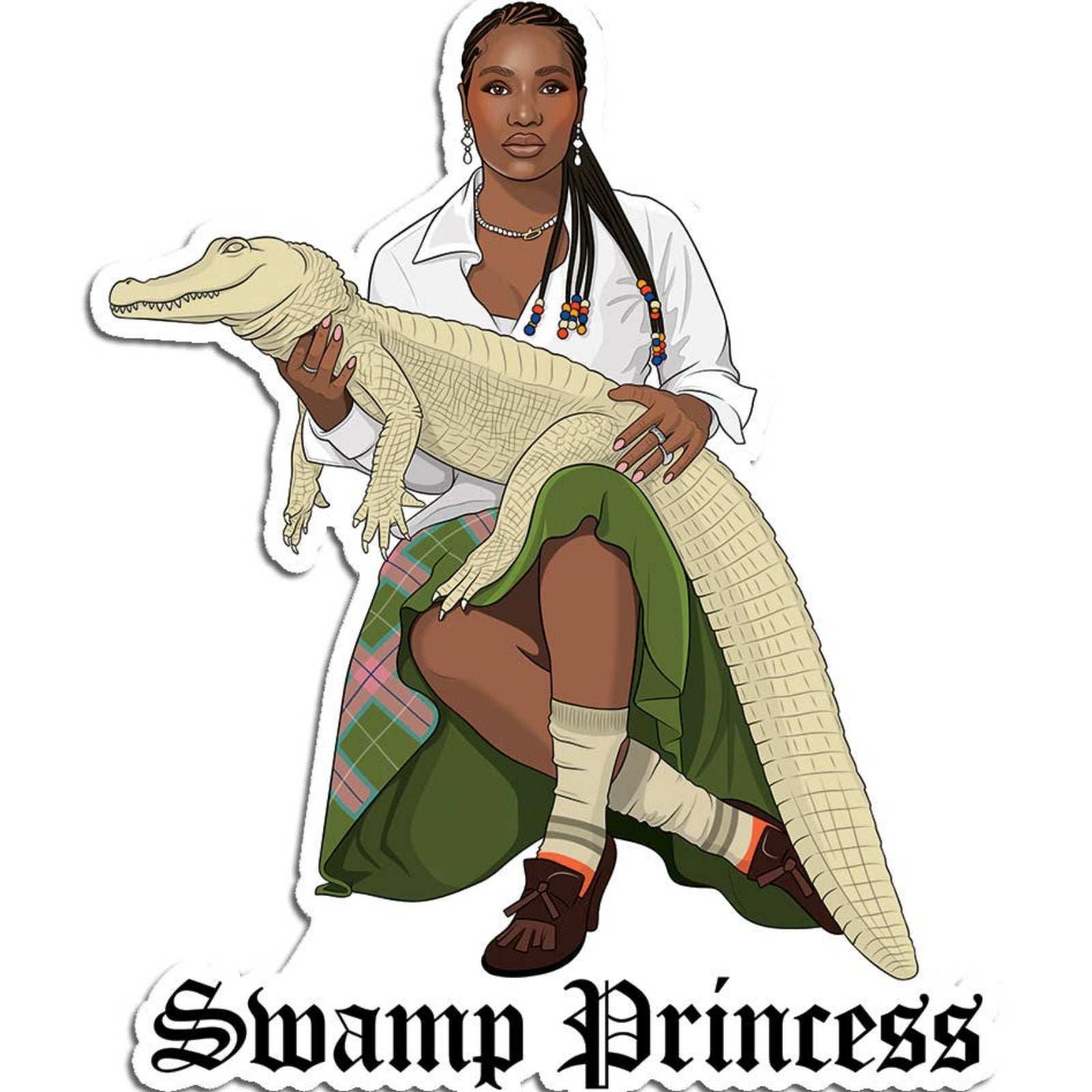 A die cut sticker featuring rapper Doechii with the text 'Swamp Princess' underneath her sitting and holding an alligator. The character is wearing a white lab coat and the sticker is cut in a shape that follows its design.
