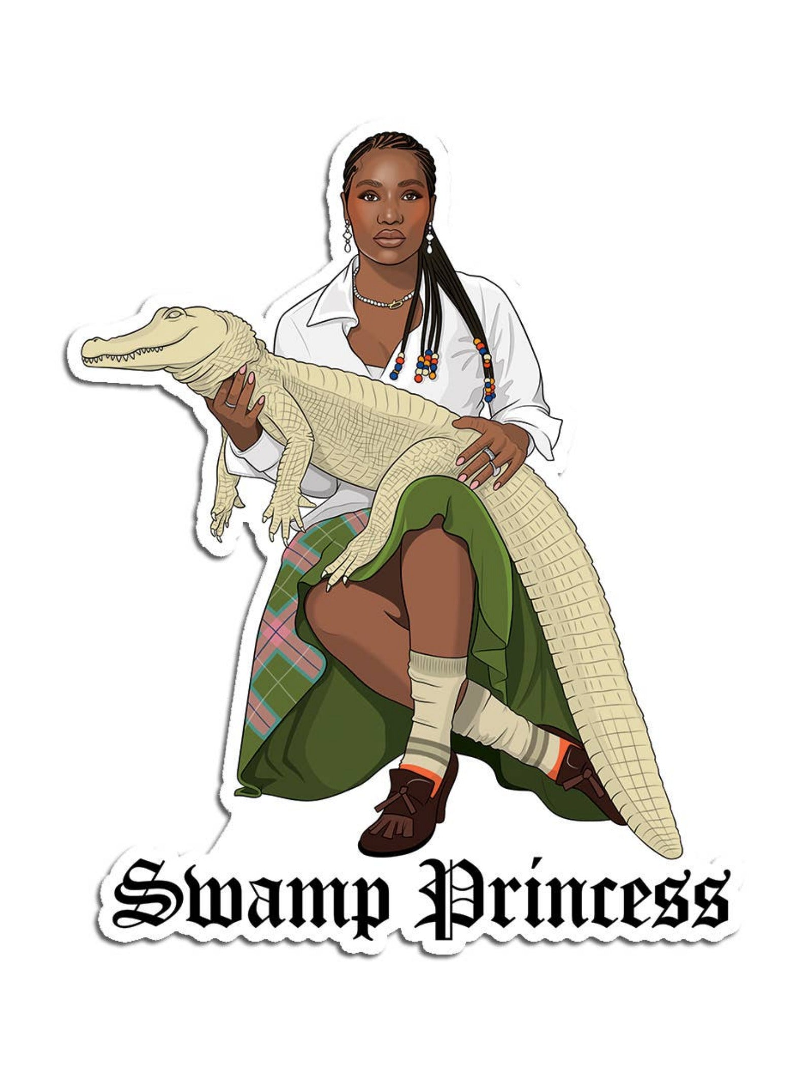 A die cut sticker featuring rapper Doechii with the text 'Swamp Princess' underneath her sitting and holding an alligator. The character is wearing a white lab coat and the sticker is cut in a shape that follows its design.
