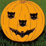 Found Image Press Postcard -  Pumpkin with Cats & Bats