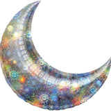 Silver Crescent Moon w/ Holographic Fireworks Foil Balloon