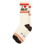 Sock with 'I ❤️ MEAT' text on a white background