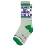 Sock with text ' Horny for spreadsheets' on a white background