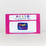 Blue with Rainbow Text Pronoun Pins