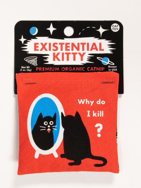 A 2 ounce pouch of Blue Q's Premium Organic Catnip. A red pouch with an illustration of a black cat looking into a mirror with a shocked expression on it's face. to the right it says "Why do I kill?"