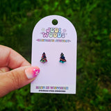 Faux Stained Glass Christmas Tree Stud Earrings