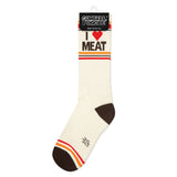 Sock with 'I ❤️ MEAT' text on a white background