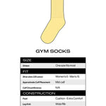 Yellow gym sock with size chart on a white background
