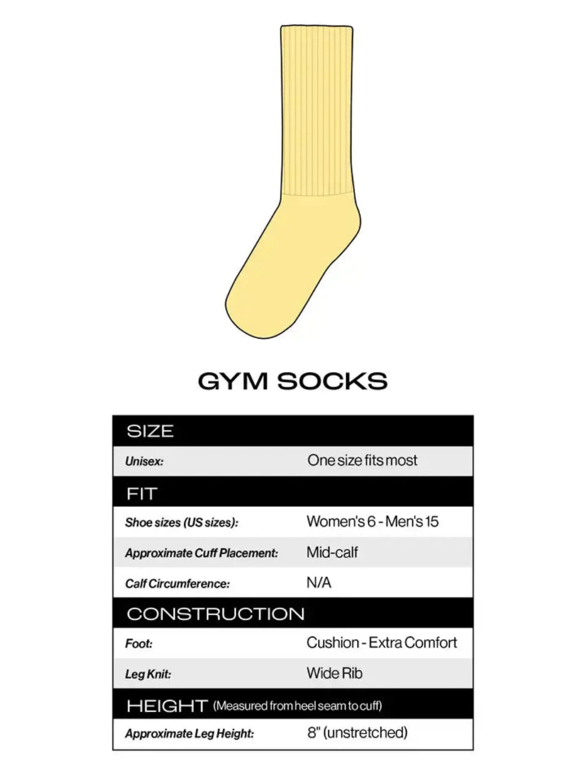 Yellow gym sock with size chart on a white background