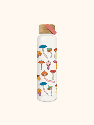 Mushroom MedleyGlass Water Bottle with Bamboo Lid