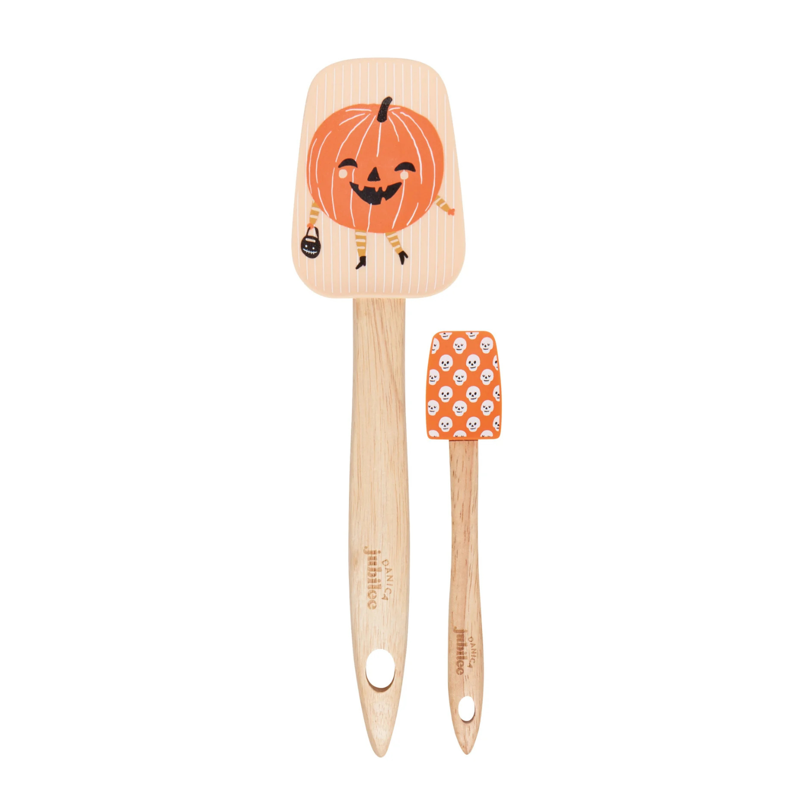 Wooden spatula with pumpkin design on a white background