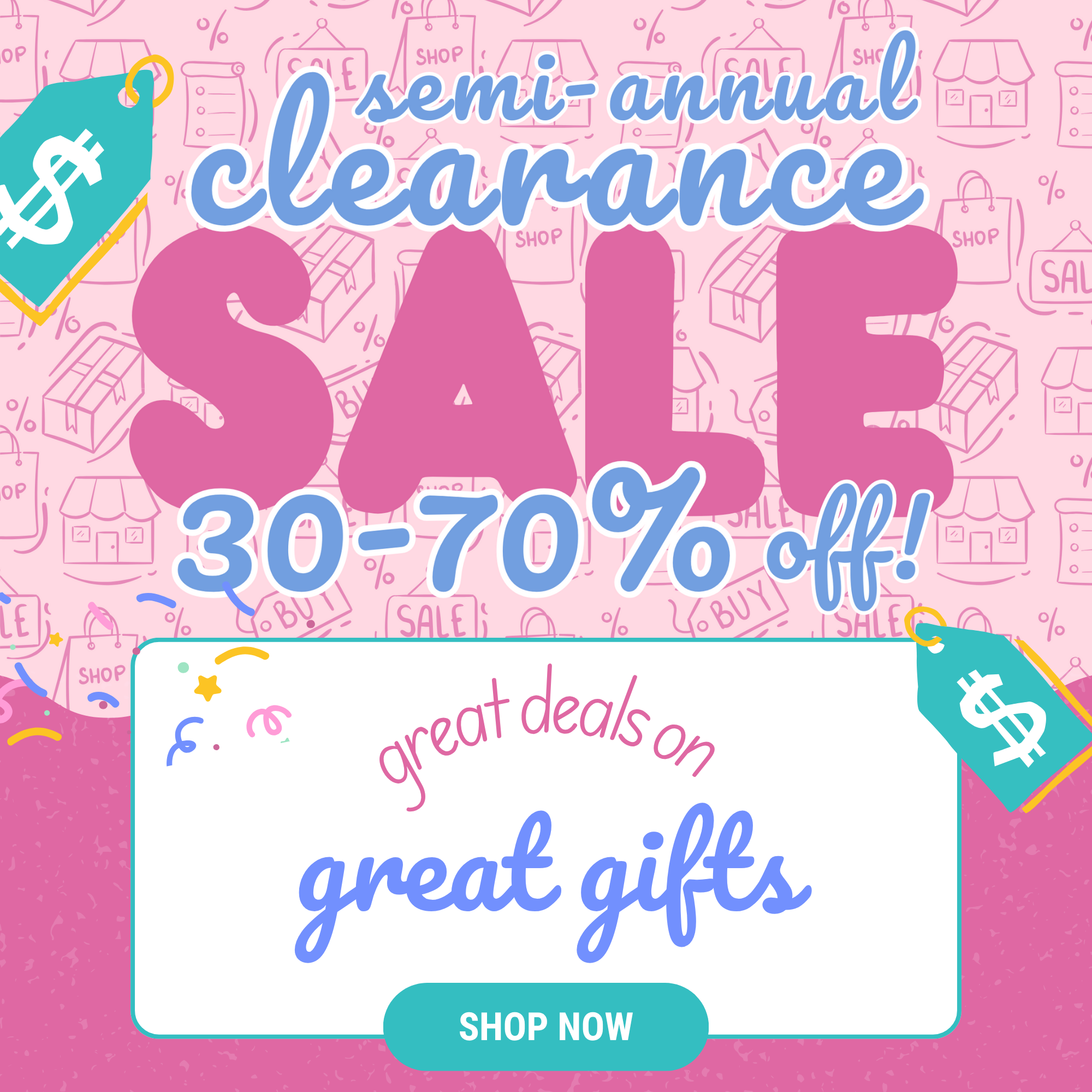 Promotional banner for a semi-annual clearance sale with colorful text and graphics on a pink background.