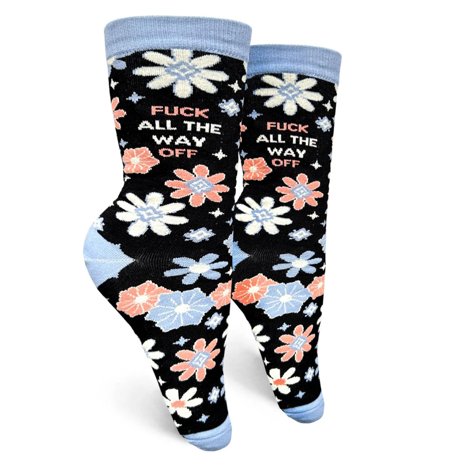 Floral patterned socks with text on a white background