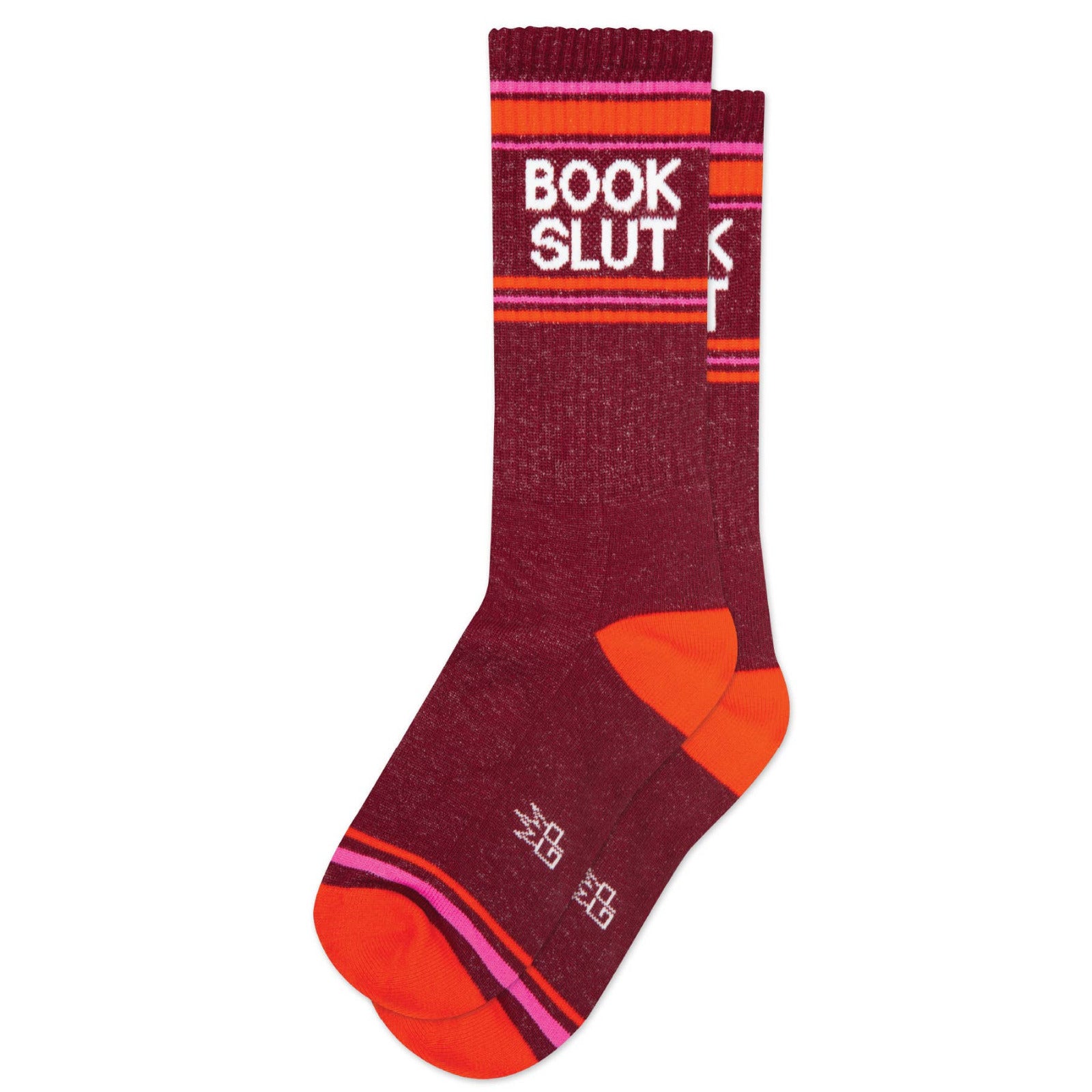 A pair of maroon gym socks with orange and white stripes and the text 'BOOK SLUT' printed on the ankle area.