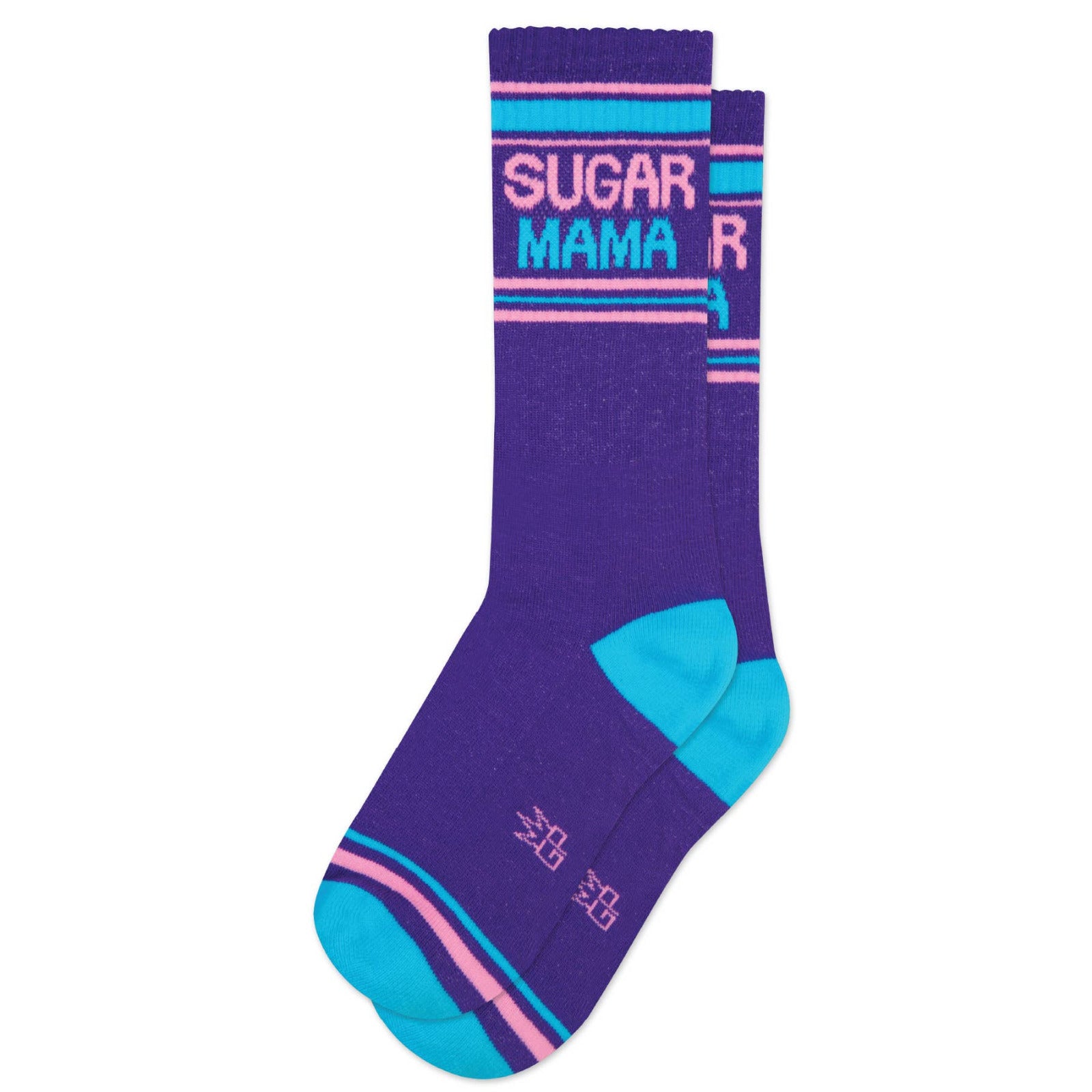 A pair of purple crew socks with 'SUGAR MAMA' written in white and pink stripes, and pink accents on the heel and toe.