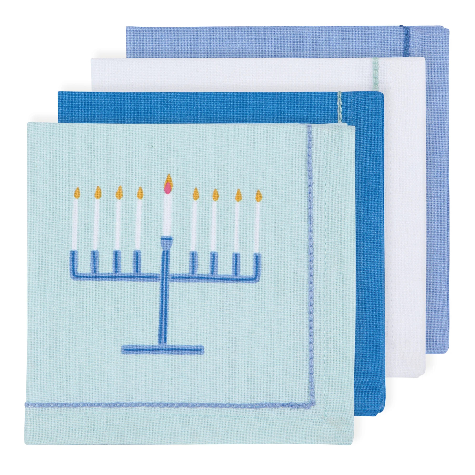 Set of three napkins with embroidered menorah designs on a white background