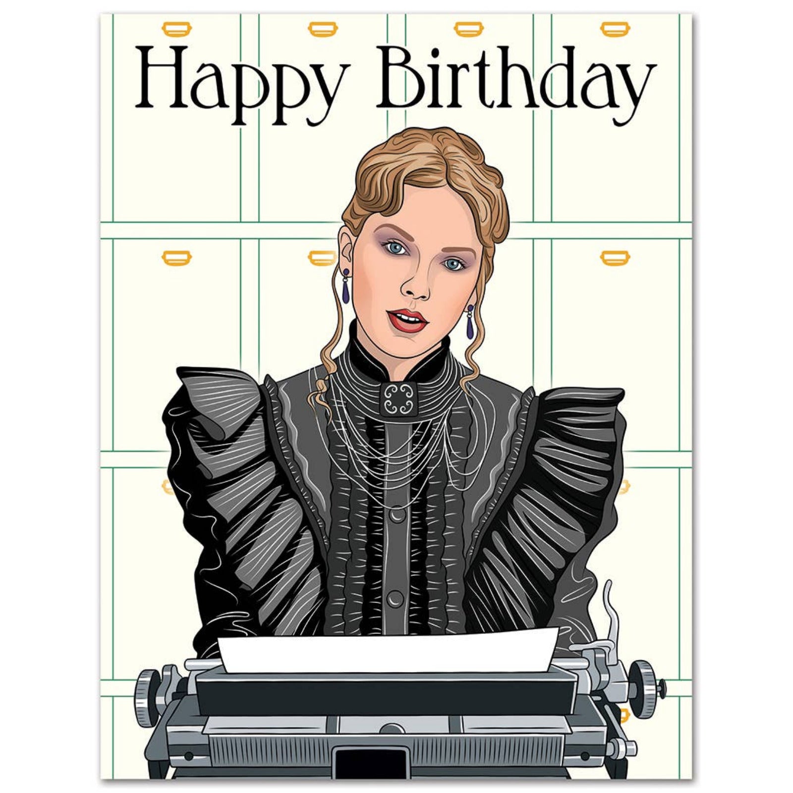 A folded A2 birthday card featuring an illustration of Taylor Swift in a black Victorian-era dress with a typewriter, with the text 'Happy Birthday' on the front.