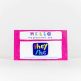 Blue with Rainbow Text Pronoun Pins