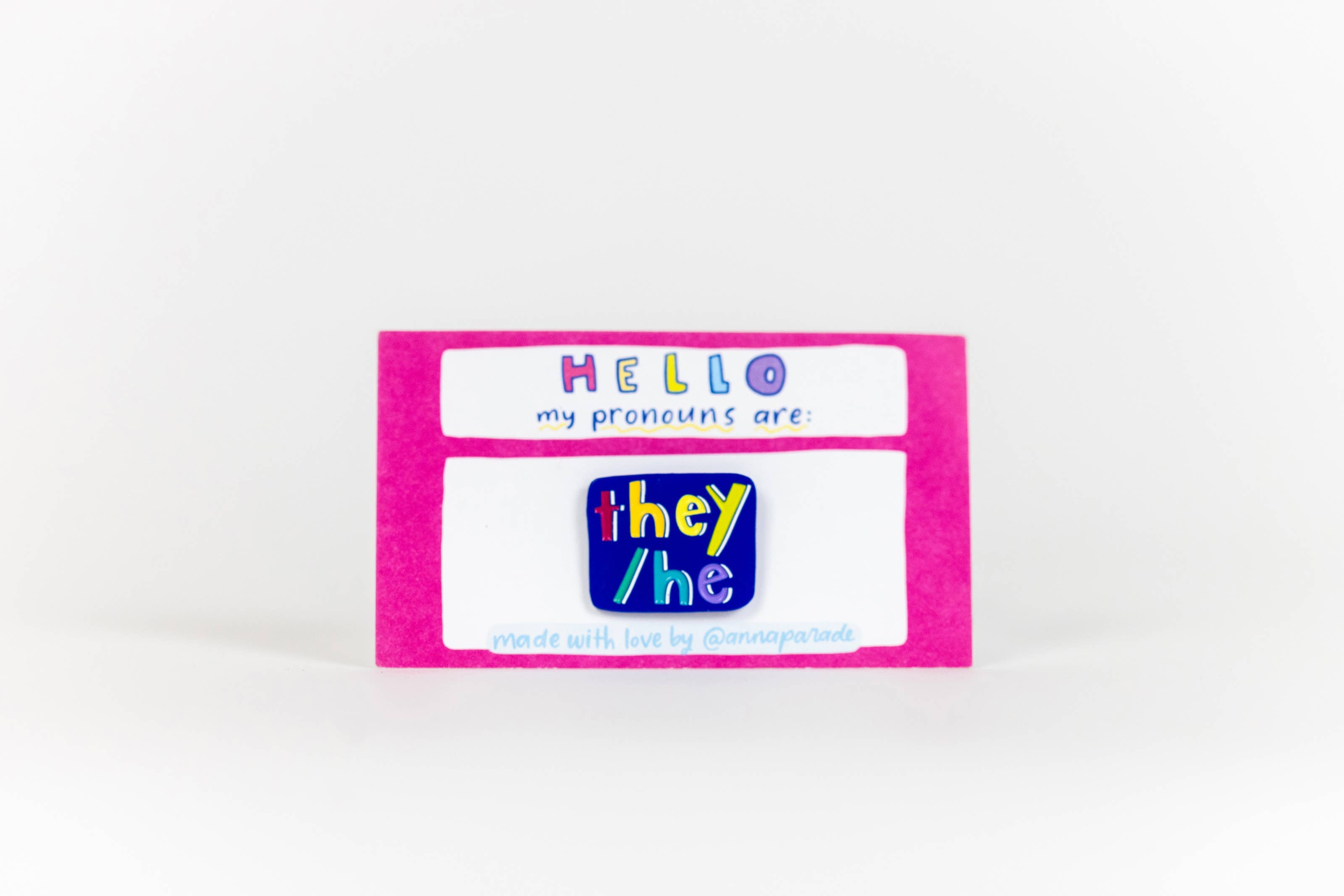 Blue with Rainbow Text Pronoun Pins