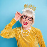Queen of Everything Birthday Headband Party Crown: Gold words/Hot Pink fringe