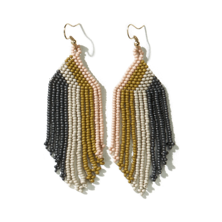 Ink & Alloy Earrings Dolly Vertical Stripe Beaded Fringe Grey