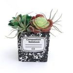 Decorative planter shaped like a composition notebook with succulents on a white background