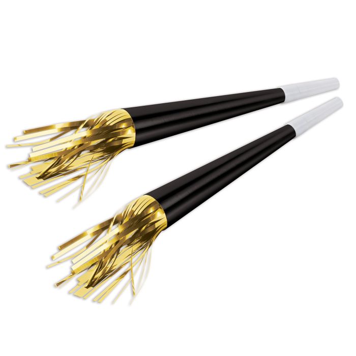 Black Paper Party Horns with Gold Fringe, 2pk