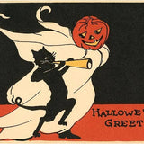 Found Image Press Postcard - Halloween Greetings Ghost & Cat