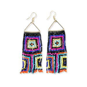 Ink & Alloy Earrings Brooke Squares Beaded Fringe - Neon Black