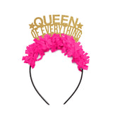 Queen of Everything Birthday Headband Party Crown: Gold words/Hot Pink fringe