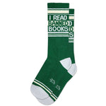 Green sock with 'I Read Banned Books' text on a white background